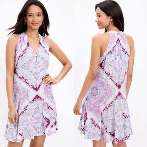 Loft Geo Godet Viscose Halter Swing Dress Sz Small SP NWT
